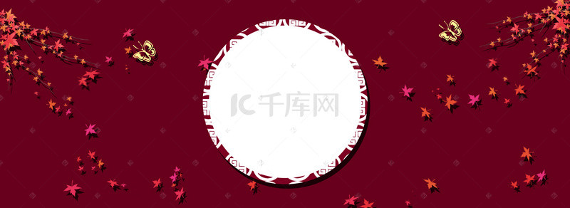 中国风枫叶落地枚红色背景海报.