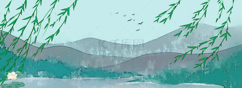 中国古典标签边框背景图片_中国风荷花杨树飞鸟背景素材