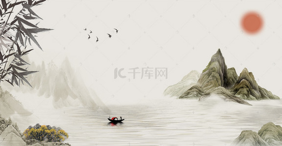 清明节踏青背景背景图片_中国风水墨山水渔船远山海报