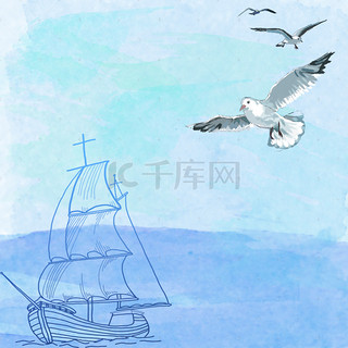 蓝色背景图片_蓝色渐变手绘水彩大海帆船海鸥