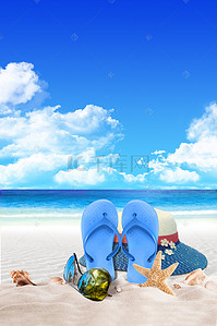 沙滩海滩拖鞋和遮阳帽背景图片