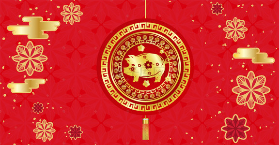 中国风金色素材背景图片_2019猪年烫金风金色花朵猪年吊坠海报