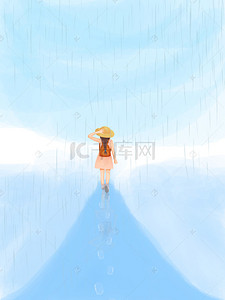 女孩蓝天背景图片_春季女孩独走在雨水中背景