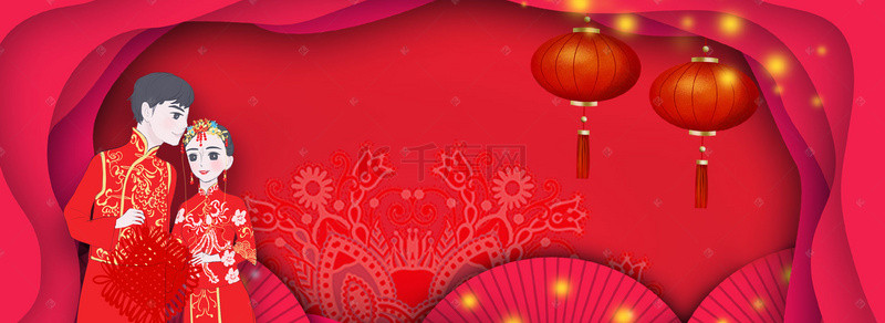 红色中国风婚博会新人边框背景