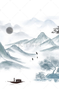 鸟水墨背景图片_中国风水墨山间划船背景