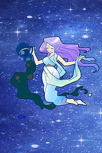 十二星座梦幻星空背景图片_十二星座水瓶座卡通图案蓝色背景素材