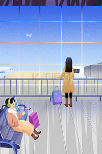 手绘飞机飞机背景图片_手绘机场候车厅海报