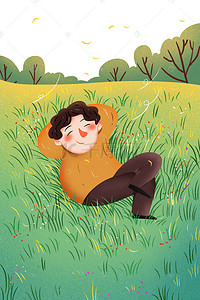 开心男孩背景图片_春天躺在草地的小男孩背景