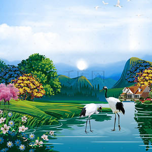 山水别墅背景图片_蓝色手绘新中式回归自然山水背景