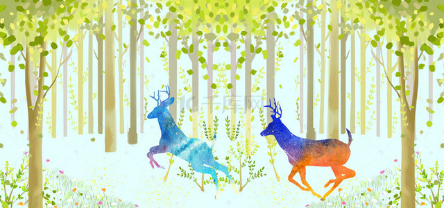 深林婚礼背景图片_树林麋鹿装饰画背景