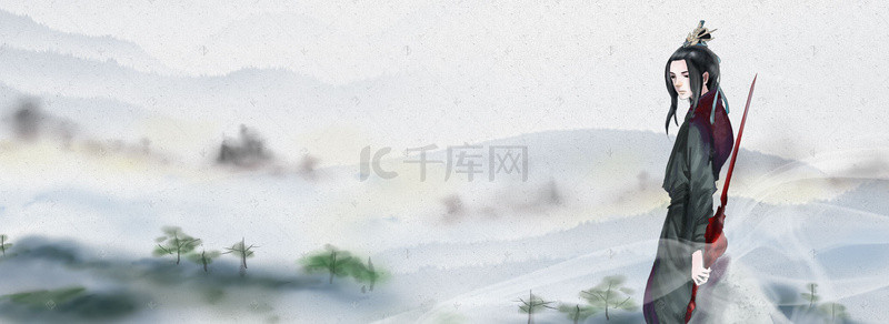 大气群山背景图片_大气中国风站在山巅的剑客山脉背景