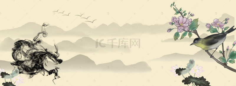 素材花鸟背景图片_花鸟荷花祥云纹样墨迹背景banner