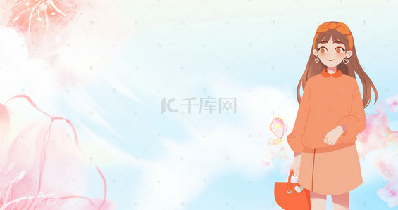 美妆女生背景图片_桃花节化妆女生手绘插图蓝banner