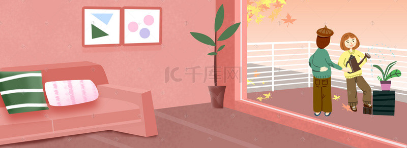 家具风促销海报背景图片_城市生活之情侣室内时光插画背景
