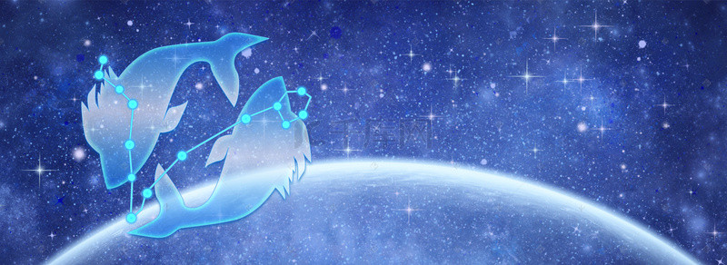十二星座梦幻星空背景图片_十二星座双鱼座卡通图案蓝色背景素材