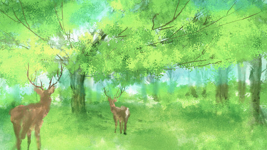 清新小鹿背景图片_手绘唯美森林绿色小鹿背景