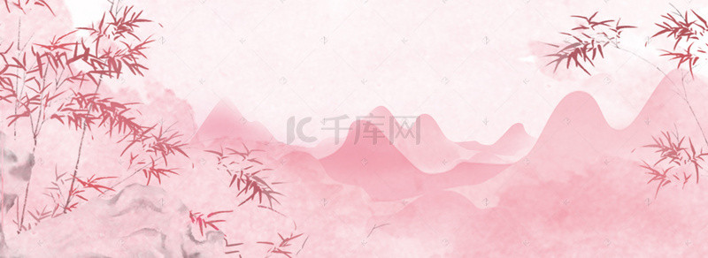 粉色古风背景图片_粉色清新中国风竹子远山背景