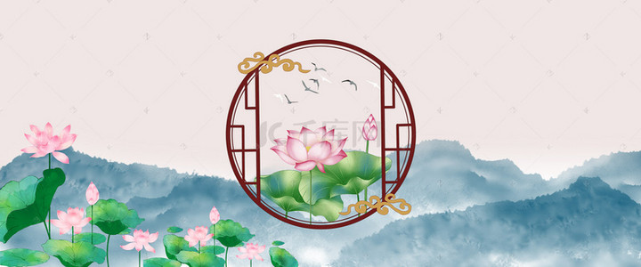 窗外背景图背景图片_复古中国风六月荷花风景图