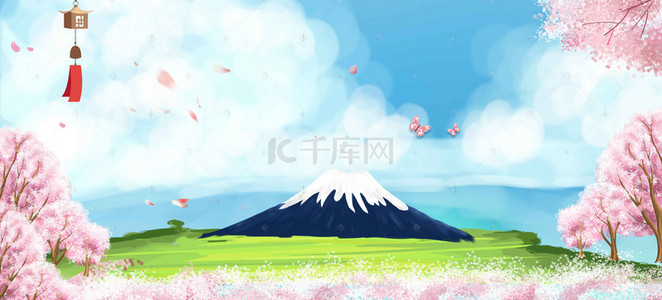 旅游卡背景图片_日本粉色矢量旅游樱花背景banner