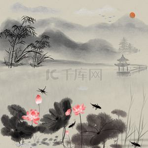 中式风元素背景图片_中国风美丽莲花池背景素材