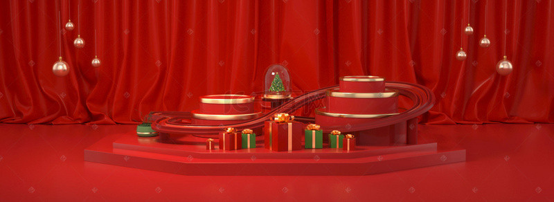 红色圣诞海报背景背景图片_C4D立体圣诞节海报促销背景