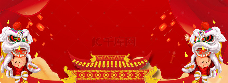 猪年春节新年背景图片_新年舞狮子红色电商海报背景