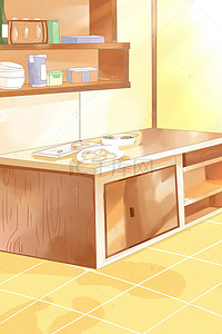 置物架网页背景图片_暖色系的厨房一角背景
