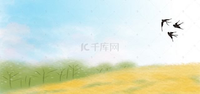 漫画笔刷背景图片_油菜花笔刷燕子渐变白色banner