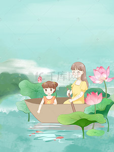 荷花荷叶绿色背景图片_清新绿色夏季荷塘划船背景