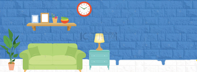 家居背景设计素材背景图片_双11沙发促销季手绘文艺蓝色banner