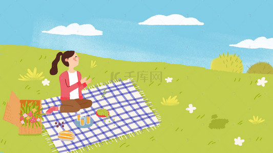 手绘卡通坐在草地上的女孩背景