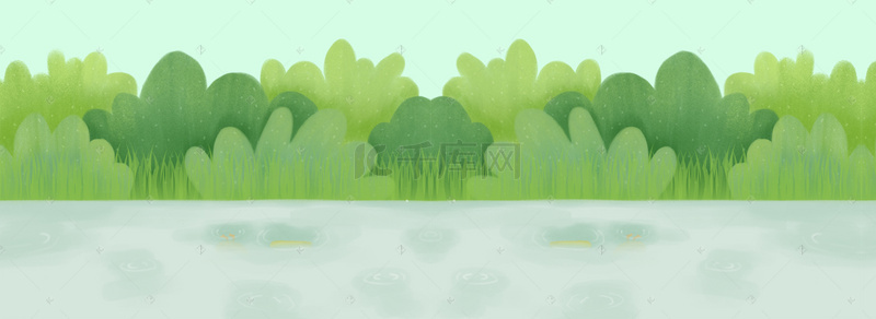 春天卡通绿植背景图片_春季绿植池塘风景海报背景