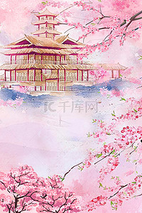中国风复古桃花背景图片_桃花楼阁海报设计
