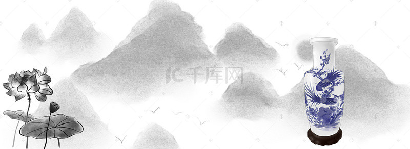 笔触创意海报背景图片_水墨山水画瓷器椅子海报背景