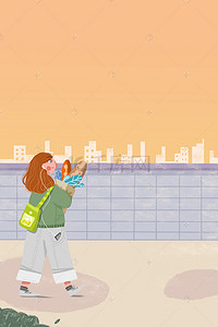 假期插画背景图片_城市街道购物女孩插画海报
