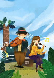 小提琴卡通背景图片_可爱卡通音乐节演奏背景