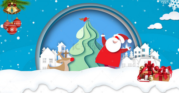 圣诞老人铃铛背景图片_圣诞节剪纸圣诞老人麋鹿铃铛海报