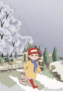 大雪24节气手绘创意卡通女孩外出海报背景