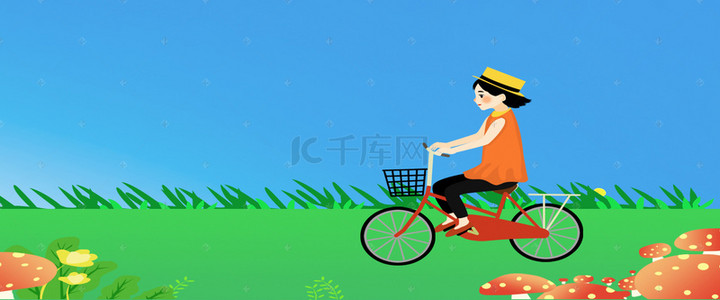 素材自行车背景图片_春游记自行车文艺蓝色背景