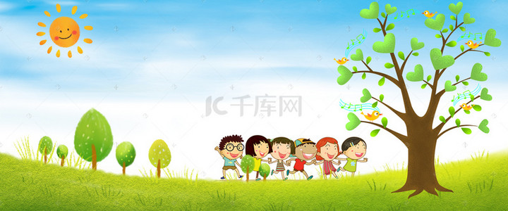 大气绿色背景图片_亲子植树节banner背景海报