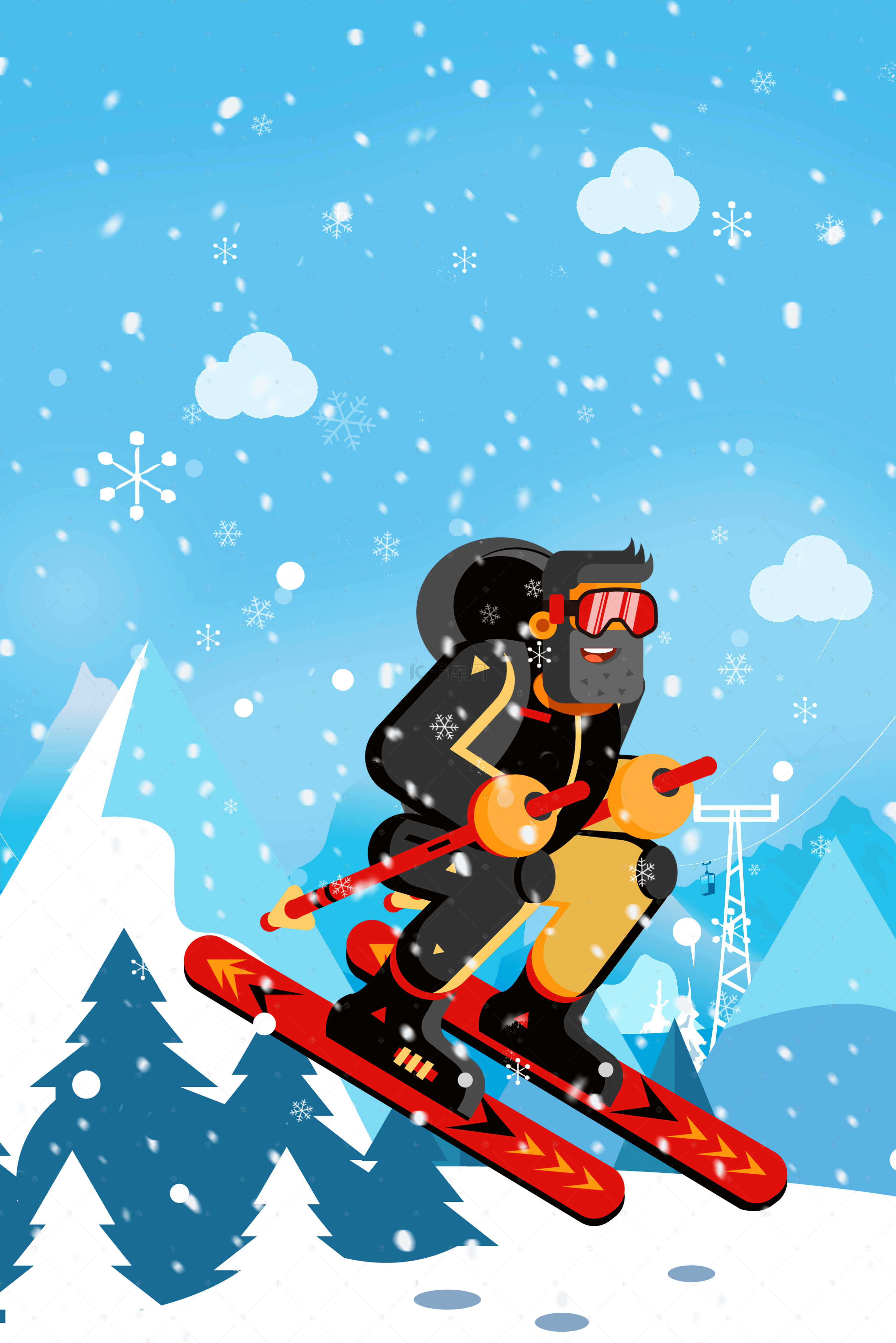 冬季海报滑雪背景图片_冬季旅游蓝色卡通冬令营海报