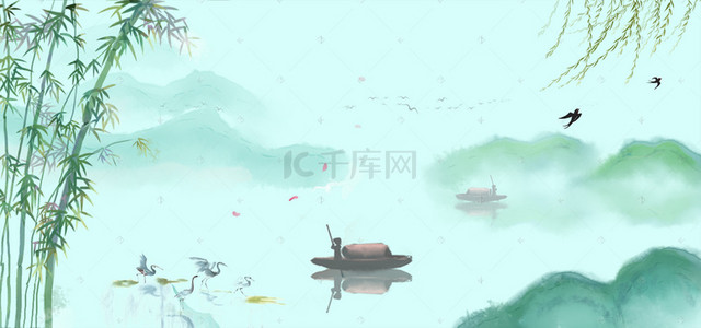 山水小船背景图片_清明节中国风背景