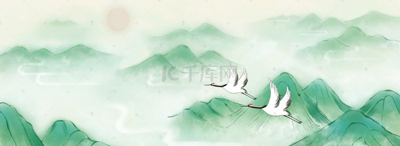 山水卡通背景背景图片_绿色水墨古风山水手绘卡通背景素材