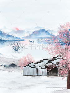 山水江南水墨背景图片_水墨山水桃花园中国风背景