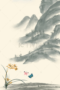 黄色淡雅中国风背景图片_中国风兰草蝴蝶国画H5背景素材