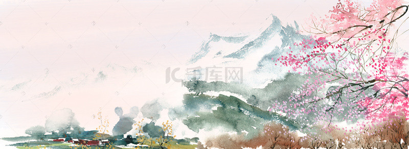 手绘春天中国风背景图片_桃花盛开的山谷水彩画背景
