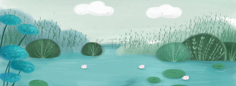 绿色的池塘背景图片_绿色的自然环境插画