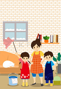五一节背景图片_劳动节一家人一起来打扫卡通清新背景