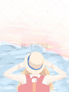 唯美粉色夏季海边游女孩背景