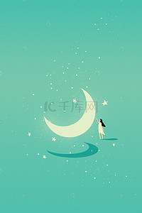 月亮星空简约背景背景图片_绿色唯美月亮星空下的女孩背景